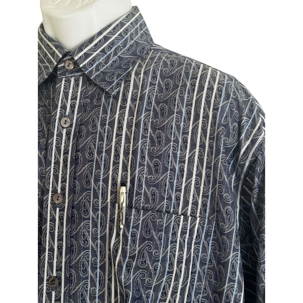Bugatchi Uomo Mens‎ Shirt L Blue Jacquard Paisley Linear Dress Button Down